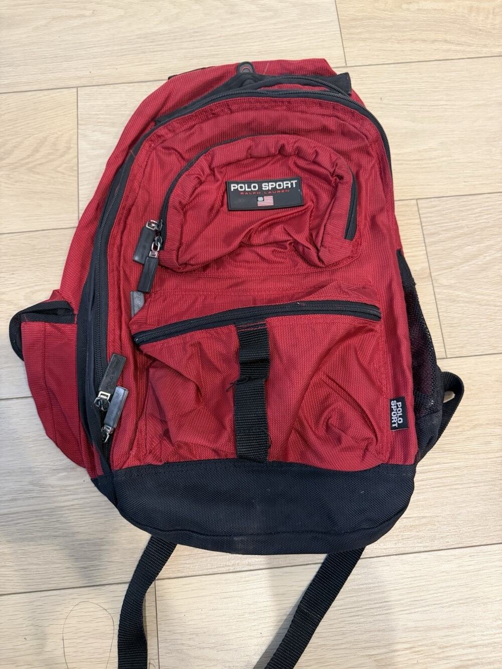 Vintage Polo Sport Ralph Lauren Backpack Red RL Flag Multi Pocket